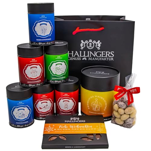 Hallingers Genuss Manufaktur Feinkost Weihnachts-Geschenk-Set - XXL-Geschenkkorb 'Weihnachts-Tea ...' großes Mitbringsel 6 Tees, Tafel Schokolade, Madneln, Pralinen & mehr, Weihnachten für Frauen