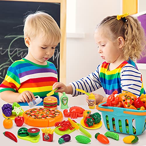 Holyfun 100 Pcs Cutting Play Food Toy For Kids Kitchen, Pretend Fruit & Vegetables Accessories With Shopping Basket, Plastic Mini Dishes, Play Money, Perfect Educational Toy For Toddlers Boys & Girls #TOP2