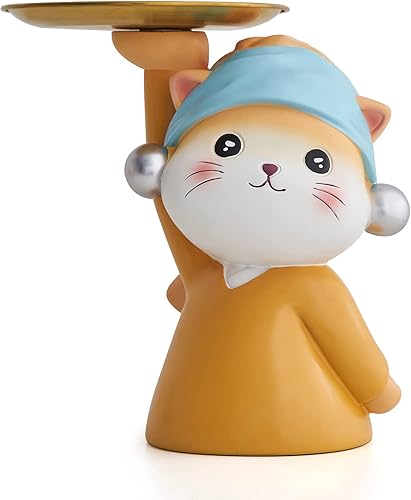 Bandejas decorativas de almacenamiento de escritorio de oficina con diseño de gato artístico escultura de resina animal cuenco de llaveros