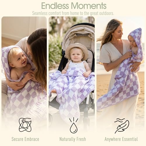 Image of Ultra-Soft Muslin Baby Towel - 32 x 32 Inches, Ideal for Bath & Beach, Suitable for Both Boys & Girls from Newborns to Toddlers(Purple Plaid)