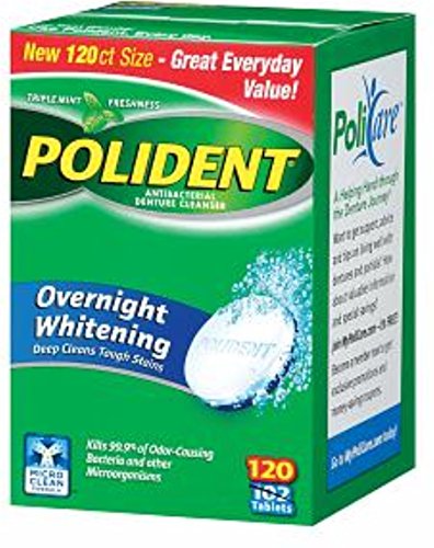 Polident Overnight Whitening, Antibacterial Denture Cleanser, Triple Mint Freshness 120 ea (Pack of 5)