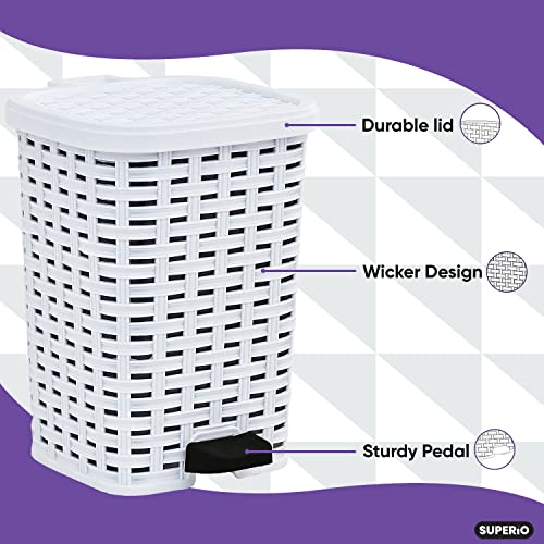 Image of Superio Mini Trash Can with Foot Pedal Small Outdoor Garbage Can with Lid, 1.5 Gallon Plastic Waste Basket for Bathroom, Bedroom, Kitchen, Office, Patio (Wicker Smoke 6 QT.) (White, 3 Gallon)