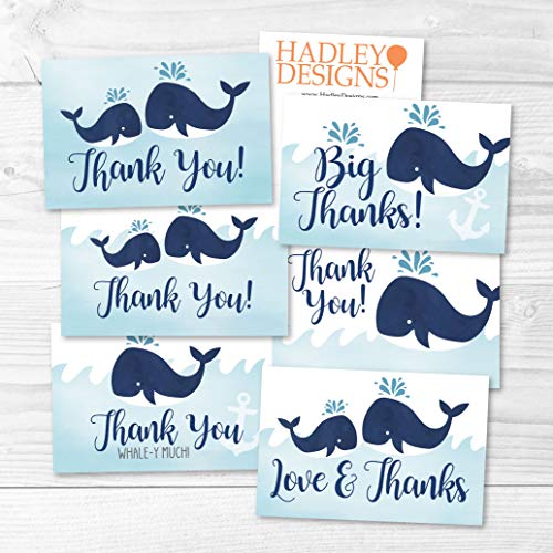 24 Blue Whale Baby Shower Thank You Cards With Envelopes, Kids Thank-You Note, 4X6 Gratitude Card Gift For Guest Pack For Party, Birthday, Boy Or Girl Children, Cute Beach Nautical Event Stationery #TOP6