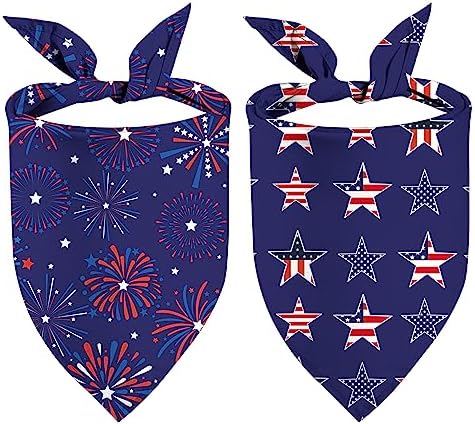 4th of July Dog Bandanas, Double Sided 2 Pack Holiday Puppy Bandanas, American Flag Fireworks Stars Square Dog Kerchief Independence Day Dogs Gifts (02)