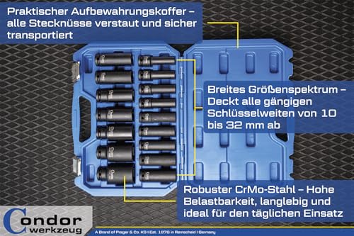 Clés à douille pour écrous profonds Condor 1099 coffret CrMo 16 pièces 1/2 - 3