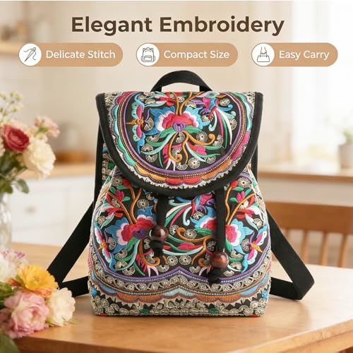 Goodhan Vintage Embroidered Backpack Purses for Women - Boho Shoulder Bag for Travel,Ethnic Floral Mini Back Pack,Lightweight Handbags for Daily Use (Red) - Image 4