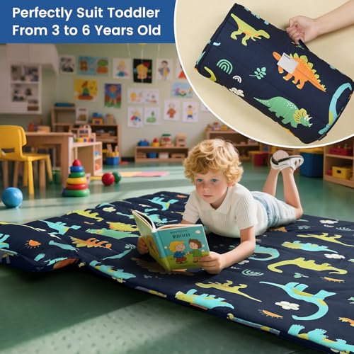 Image of PHF Soft Toddler Nap Mat with Removable Pillow, Rollup Design Kids Sleeping Mat, Slumber Bags for Boys, 50 inchx20 inch Toddler Sleeping Bag for Daycare Preschool Travel Camping, Large Dinosaur