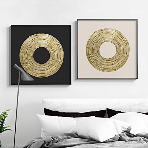 Tableau abstrait moderne de luxe noir et blanc avec cercle doré pour salon élégant