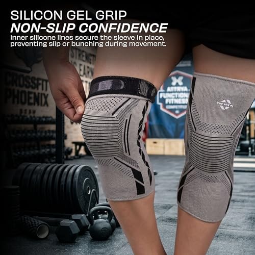 Image of NIVIA Knitted Knee Support with Silicon for Men & Women, Neoprene Compression Sleeve, Anti-Slip Grip, Heat Retention & Stability for Gym, Training, and Injury Recovery (Grey, Small)