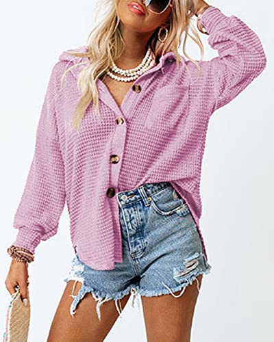 Dokotoo Women's Waffle Knit Shirt - Plus Size, Long Sleeve, V Neck, Button Up, Casual Fall Jacket - Purple, Medium #TOP25