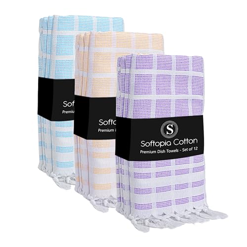 Image of Matrix Dobby Kitchen Towels Set of 12, 100% Cotton, Combo Pack, 16 inchx26 inch, Absorbent Tea Towels with Handmade Tassels, Reusable Cleaning Cloths - Lavender, Sandal Yellow, Aqua Blue