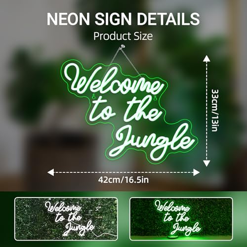 Image of Welcome to the Jungle Neon Sign Jungle Decor Green Led Word Neon Light Signs for Wall Decor Usb Letter Light Up Sign for Garden Home Entryway Front Porch Party Gift | Green Neon Light, Cozy Decoration for Event Planners, Couples, Wedding Receptions, Parties, Patios and Garden Areas