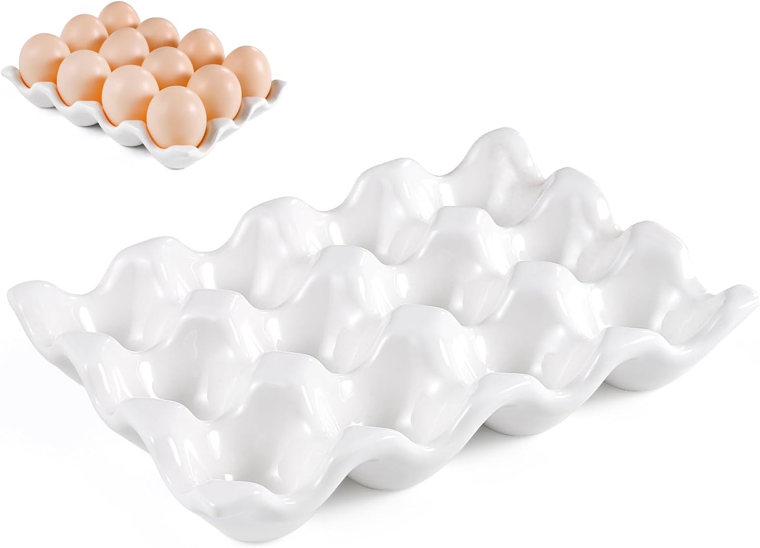 Ceramic 6 Cups Egg Tray - Half Dozen Porcelain Egg Holder Container Keeper Storage Organizer Decorative Serving Dish Plate for Refrigerator Fridge Countertop Display Kitchen Home (White, 2 Pack)