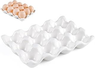 Ceramic 12 Cups Egg Tray - 1 Dozen Porcelain Egg Holder Container Keeper Storage Organizer Decorative Serving Dish Plate for Refrigerator Fridge Countertop Display Kitchen Home (White 12 Eggs)