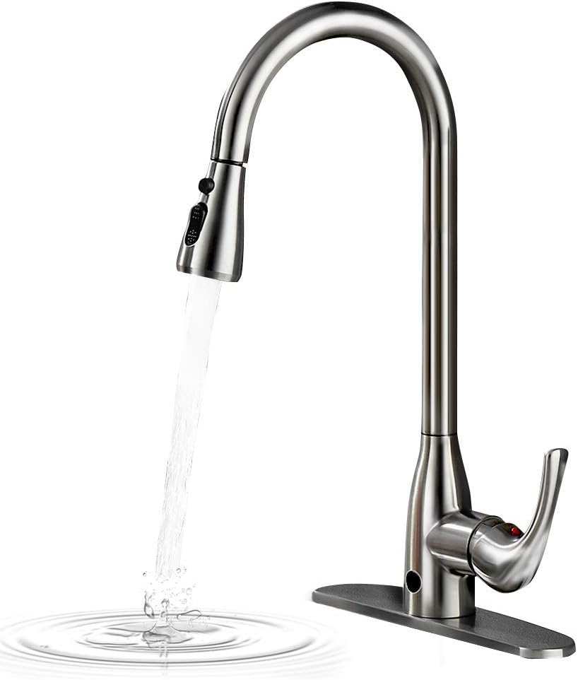 Touchless Two-Sensor Stainless Steel Kitchen Faucet with Dual Function Pull Down Spray Head, Motion Activated Handles, and Deck Plate, Brushed Nickel PVD
