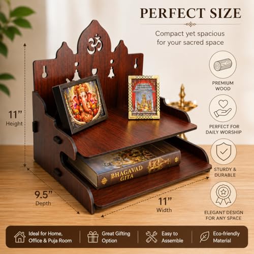 Image of Zesta Wooden Mandir for Home Big Size | DIY Pooja Mandir with LED Spot Light | Devghar Cabinet for Living Room or Office | Wall Mounted Pooja Unit for Home (Temple with 2 Steps)
