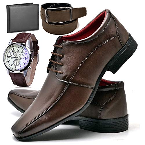 Kit Sapato Social Com Relógio Cinto Carteira Verniz Com Cadarço Top Flex R804DB Tamanho:39;cor:Marro