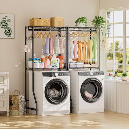 Image of Golpart Laundry Organizer Shelves Over the Washer and Dryer Storage Shelf | Heavy Duty Laundry Room Organization Clothes Drying Rack Adjustable Height Wire Shelving and Wire Basket with Hanger Rod