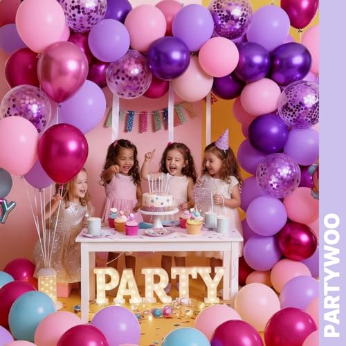 Image of PartyWoo Pink and Purple Balloon Arch Kit Garland 140pcs Different Sizes of 18 12 10 5 Inch Metallic Baby Pink Hot Pink Chrome Light Purple Gold Confetti Balloons Birthday Party Decorations