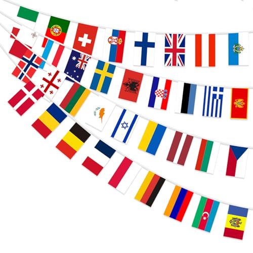 AhfuLife 10m Guirlande Drapeau Eurovision, 1pcs Guirlande de 35 Drapeaux de Eurovision, Drapeau Eurovision Bannière Rectangulaire pour le 2026 Concours Eurovision de la...