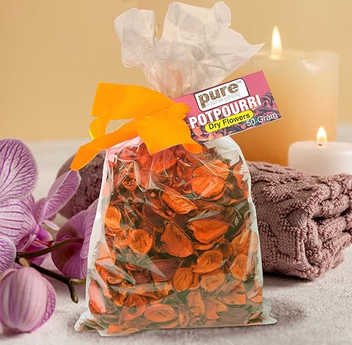 Image of Pure Source india Unscented Dried Flowers Leaves Potpourri Bag for Home Decoration Room Office Bathroom Vase Fillers (50 GM RED) (50 GM Potpourri Bag Orange)