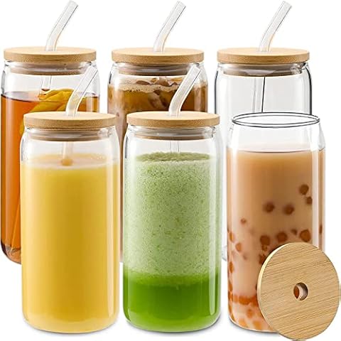 MEIMUCUL Trinkgläser mit Deckel und Strohhalm, 6 Set 16oz iced coffee Glass dosenform,Bear Can Cocktailgläser, Dosenförmige Glasbecher, Biergläser ideal für Wasser, Cocktail, Whiskey, Soda, Geschenk Cover