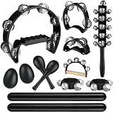 Prospura 13 Pcs Black Tambourine Set,Double Row Metal Jingles,Foot Tambourine,Egg Shakers,Wrist Bells,Maracas,Rhythm Sticks,Musical Percussion Instrument Set for Church,KTV and Parties