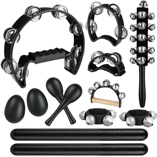 Prospura 13 Pcs Black Tambourine Set Double Row Metal Jingles Foot Tambourine Egg Shakers Wrist Bells Maracas Rhythm Sticks Musical Percussion Instrument Set for Church KTV and Parties