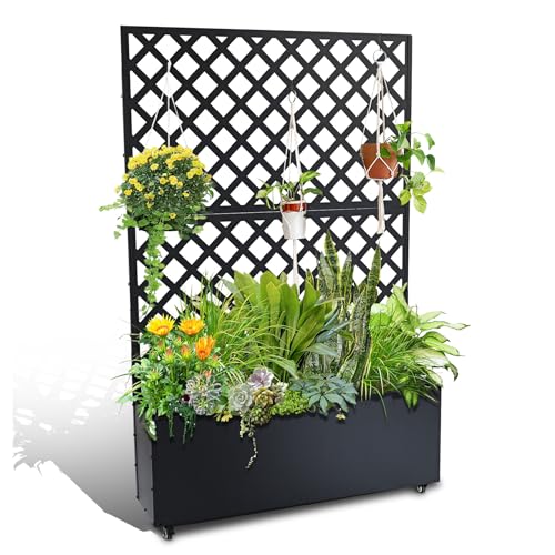 Metal Raised Garden Bed with Trellis & Wheels, 72.83"x46.46"x11.81" Galvanized Metal Planter Box with Drainage Holes & Privacy Screen for Patio Balcony Climbing Plants Flowers Vegetable, Black
