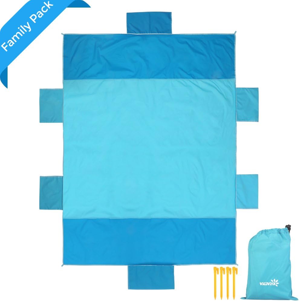Picnic Blanket Camping Mat Ripstop Nylon with Big Anchor Pockets & Stakes/Pegs- 78" x 59" Quick Drying Waterproof Windproof-VICIVIYA Beach Blanket Mat Sand Free Compact- Light Blue