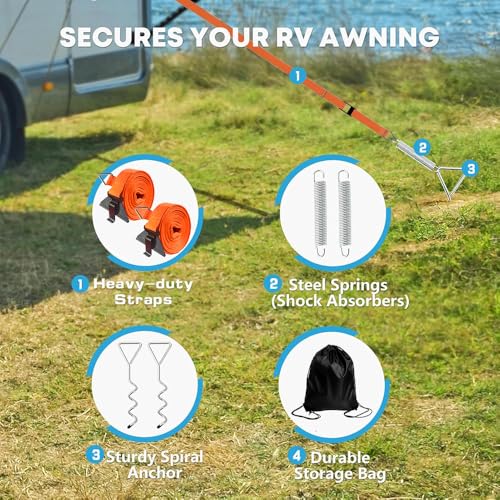 Sturmband Markise,Markisenspanngurt mit Feder und Schraubanker,Markisen Sturmsicherung,2 Verbindungsmethoden, für die Meisten Wohnmobil-Marken Geeignet Sind