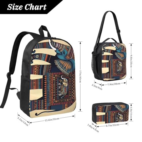 aztec elephant print Shoulder Bookbags Lunch Bag and Pen Case 17 inches Backpack with Lunch Box, Cute Bookbag Set4