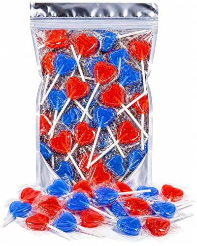 Heart Shaped Lollipops 50 Pack Cherry & Blue Raspberry Sweet Candy Lollies Individually Wrapped Heart Lollies for Wedding Favours Valentines Day Baby Shower Hen Party Bag Fillers