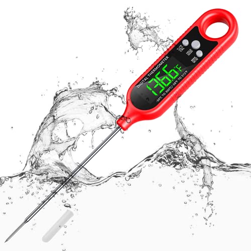 LSENLTY Digital Instant Read Meat Thermometer, Long Waterproof Thermometer Probe, Easy to Use Kitchen Cooking Food Thermometer for Oil Deep Fry Candy BBQ Air Fryer, Smoker Oven Red