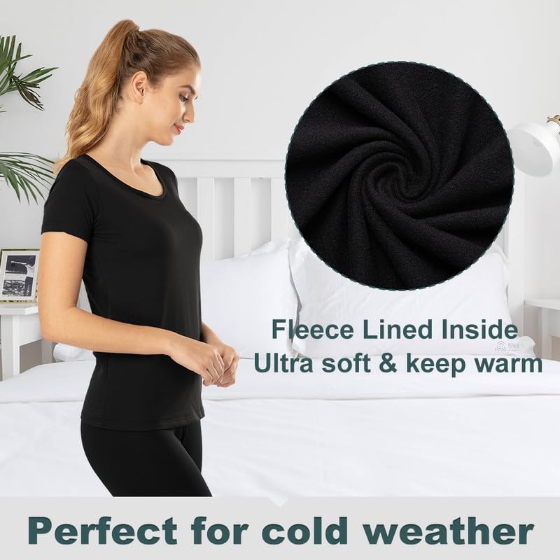 Subuteay Thermal Top for Women Fleece Lined Shirt Short Sleeve Base Layer Black L