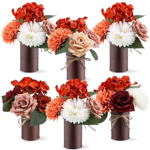 Zeyune 6 Sets Fall Wedding Flower Table Centerpieces Artificial Burnt Orange Bouquets with Rustic Metal Vase Fake Hydrangea Flower in Pot Floral Arrangement for Bridal Party Home Decor(Stylish Color)