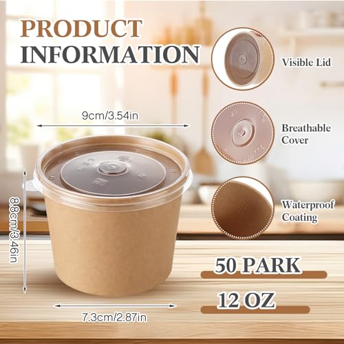 Image of Sabary 50 Pack 12oz Paper Soup Containers with Lids, Disposable to Go Soup Bowls, Ice Cream Cups, Take out Food Storage Containers, Microwavable and Freezer Safe for Ice Cream, Noodles, Snack, Yogurt