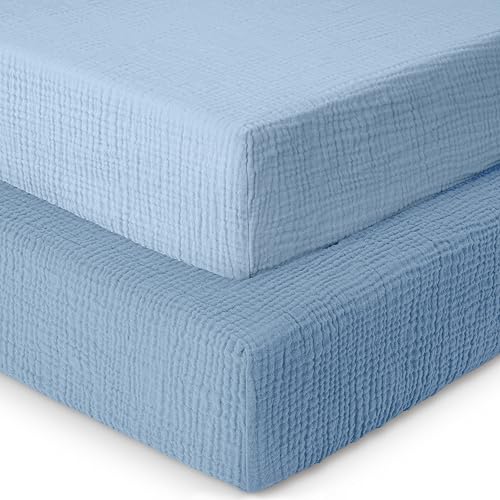 Image of Dreamology Baby Crib Sheets,Muslin Crib Sheet Girls,Boys,Crib Sheet,Breathable Toddler Bed Sheets,2 Pack Crib Sheets Cotton for Standard Cribs, 52x28 Crib Mattress Sheets | Blue and Light Blue