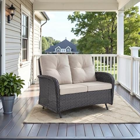 Belord Outdoor Glider Bench Patio Loveseat - 500 Lbs Weight Capacity 2 Seater Wicker Sofa, Small Porch Glider Furniture All Weather Rattan Couch with Removble Cushion for Balcony Deck Backyard, Black Cover