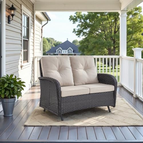 Belord Outdoor Glider Bench Patio Loveseat - 500 Lbs Weight Capacity 2 Seater Wicker Sofa, Small Porch Glider Furniture All Weather Rattan Couch with Removble Cushion for Balcony Deck Backyard, Black