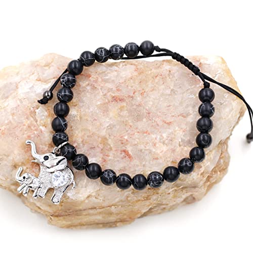 Image of Matte Agate Black Onyx /Turquoise Beads Bracelet, Good Luck Mom and Baby Elephant Bracelet, To My Mom Bracelet Gifts for Mothers Day from Daughter