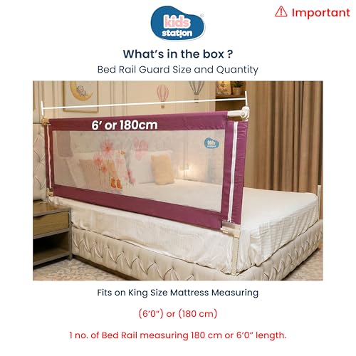 Image of Kids Station 1 Side Premium Bed Rail Guard (6ft x 2.6ft / 180cm x 80cm), Bed Railing for Baby Safety, Kids Toddler Bed Protector Side Walls, Adjustable Height, Portable & Foldable (Maroon)