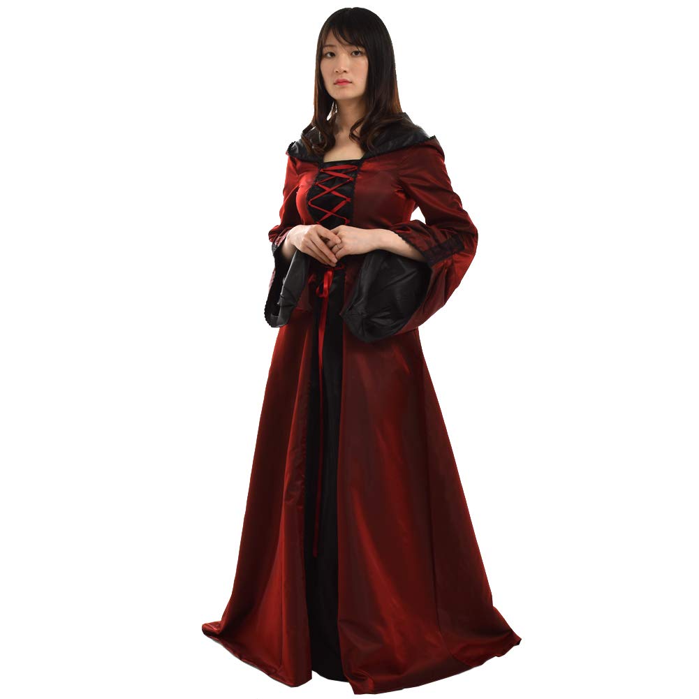 BLESSUME Medievale Abito Lungo Donna con Cappuccio Partito Rinascimento Costume Cosplay (Borgogna, S)