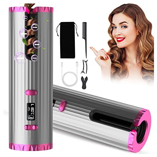 Cordless Automatic Hair Curler, Cordless Curling Iron with 6 Temps & Timer, Automatic Curling Iron Cordless, Ceramic Barrel Curler Automatic, Fast Heating Spin Curling Irons for Beginners