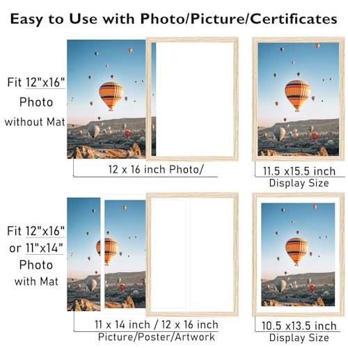 Image of JCJMY 12x16 Picture Frame with 11x14 Mat, Display Photo 11x14 with Mat or 12 x 16 Without Mat, Wall Hanging Large Frame with Plexiglass, Natural