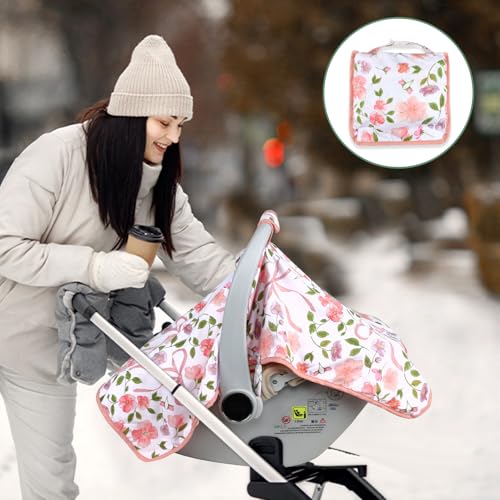 Image of Baby Carseat Seat Cover Girls, Winter Carseat Canopy, Cozy & Warm Cover with Zipper Peep Windows, Infant Minky Carrier Cover, Soft Breathable, Baby Must Have, Pink Bow