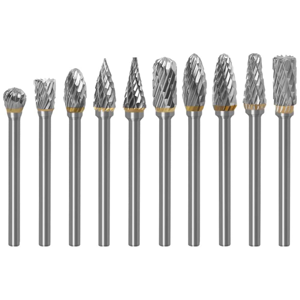 10pcs 1/8”(3mm) Shank Rotary Burr Double Cut Tungsten Carbide Cutter Set Die Grinder Bit for Rotary Tool