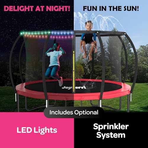Image of JoyBerri Upsurge Trampoline Outdoor - ASTM Certified Safe 8Ft 10Ft 12Ft 14Ft 15Ft 16Ft Recreational Trampoline for Kids and Adults. Anti-Rust Coating with Enclosure Net, Ladder, Sprinkler & LED Lights