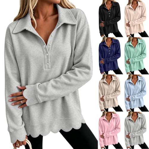 Sweatshirts for Women Scalloped Half Button Oversized Casual Pullover Tops - image 1