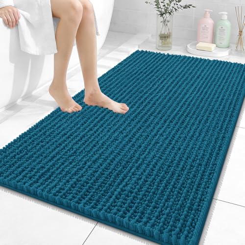 Image of OLANLY Bathroom Rug Mat 44x32, Thick Soft and Absorbent Chenille Bath Mat, Non-Slip Rubber Backing, Machine Washable Quick Dry Bath Rugs for Tub Shower Floor, Home Decor Accessories, Peacock Blue